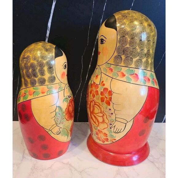 12½" & 9½" Russian Matryoshka Babushka Nesting Wooden Dolls Handmade 70s Two Pcs - Picture 3 of 16
